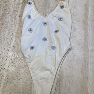 Off-White One Piece Bathing Suit With Round Reflective Embellishments on Front